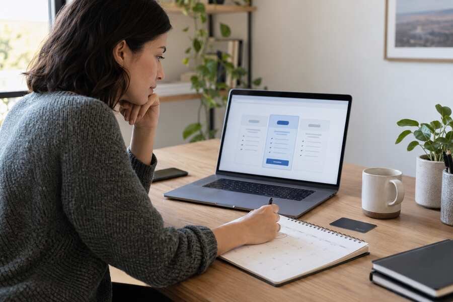 Business owner reviewing software trial terms and setting a reminder