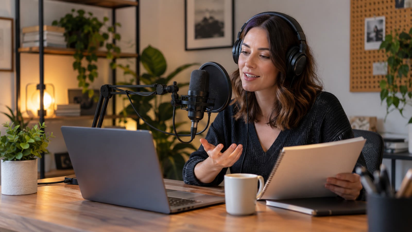 Small business creator recording an AI-assisted voiceover