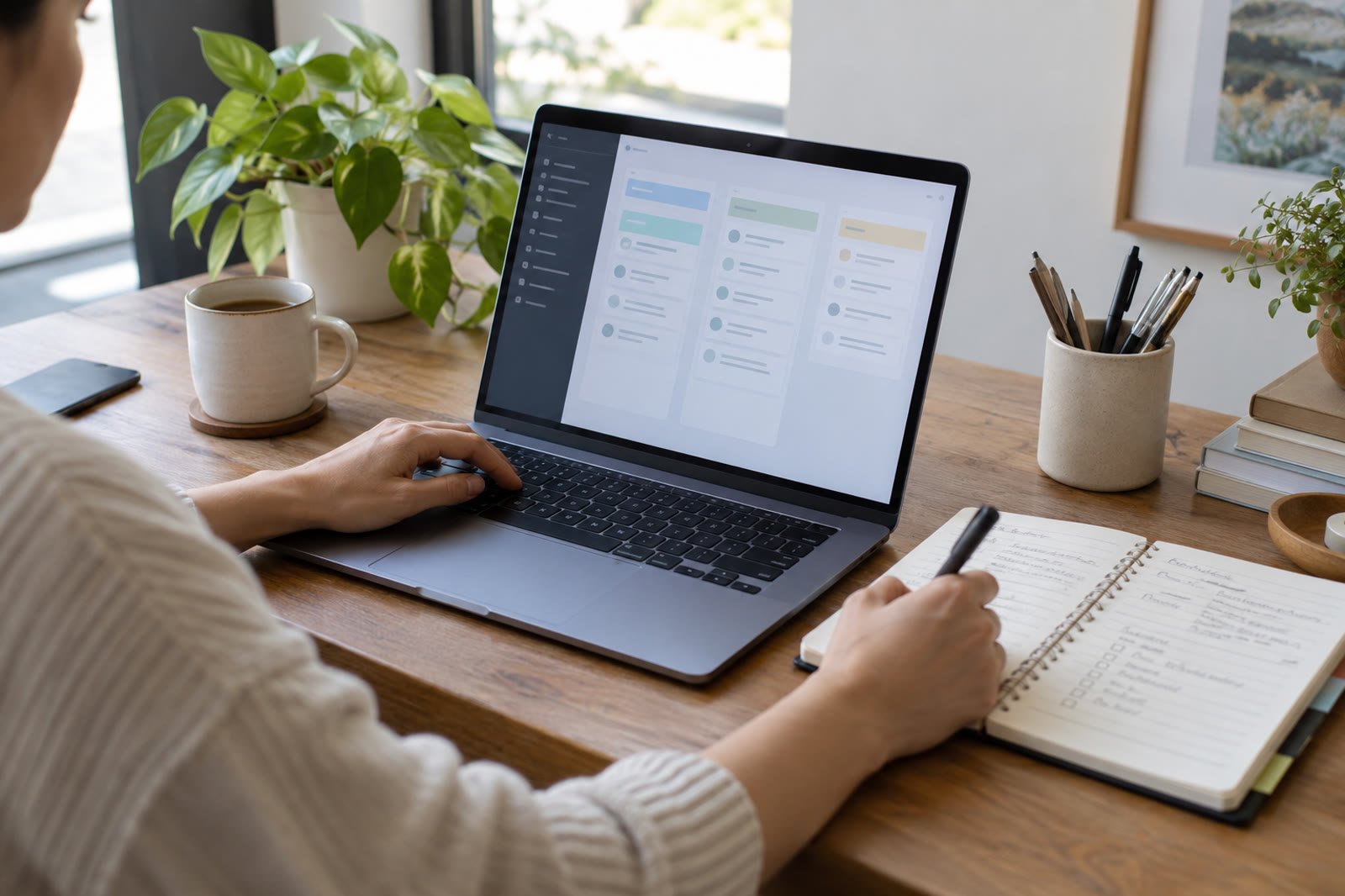 Small business owner organizing notes and projects with AI