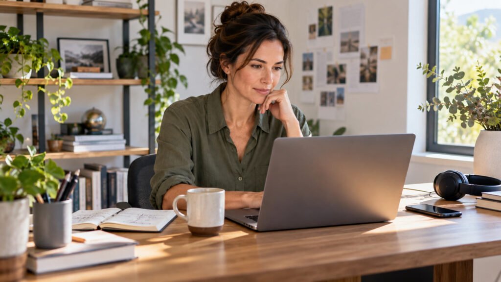 Small business owner evaluating AI tools at a laptop