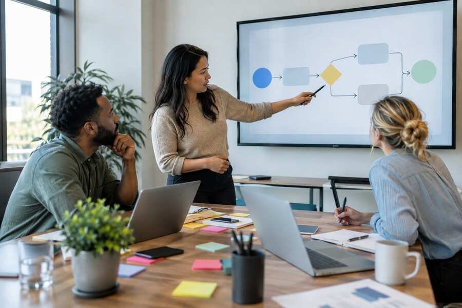 Small business team mapping an AI automation workflow