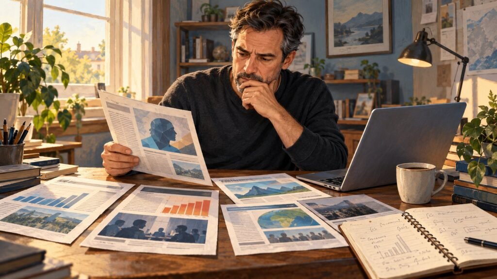 Illustration of an entrepreneur reviewing AI news, notes, and business costs at a home office desk.